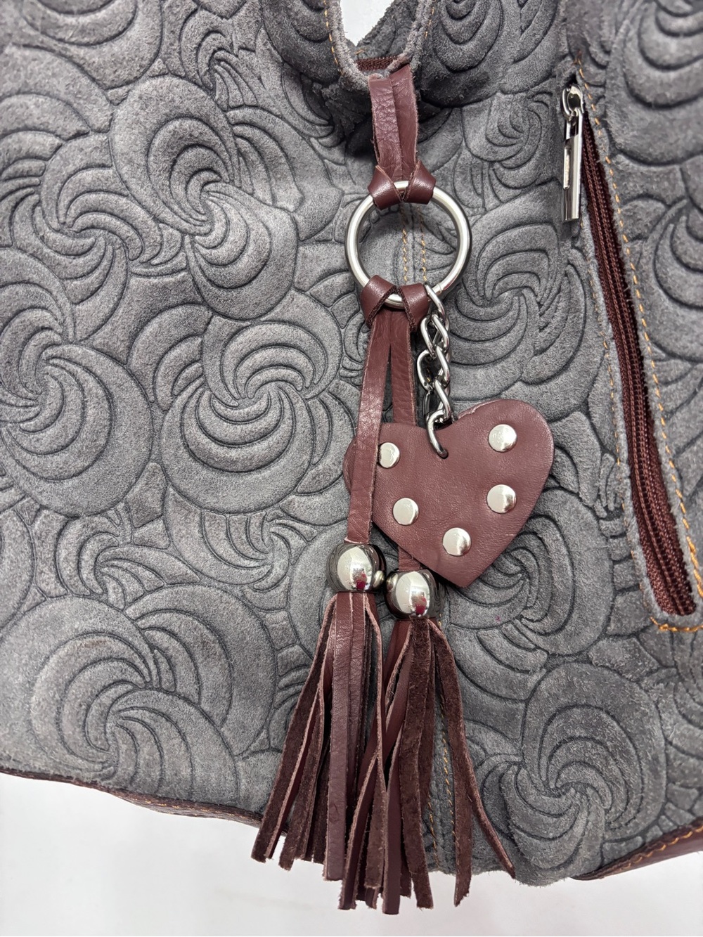 Italian Leather Bag Gray Embossed Shoulder Hobo Bag with Brown Leather Swirls - Picture 3 of 13